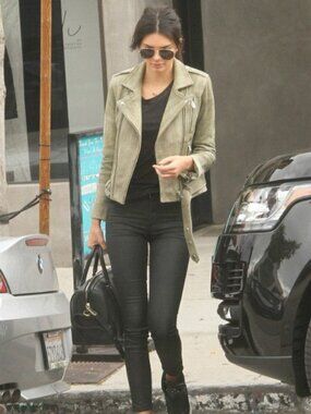 sage green IRO Jova Distressed Leather Jacket aso as seen on Kendall Jenner